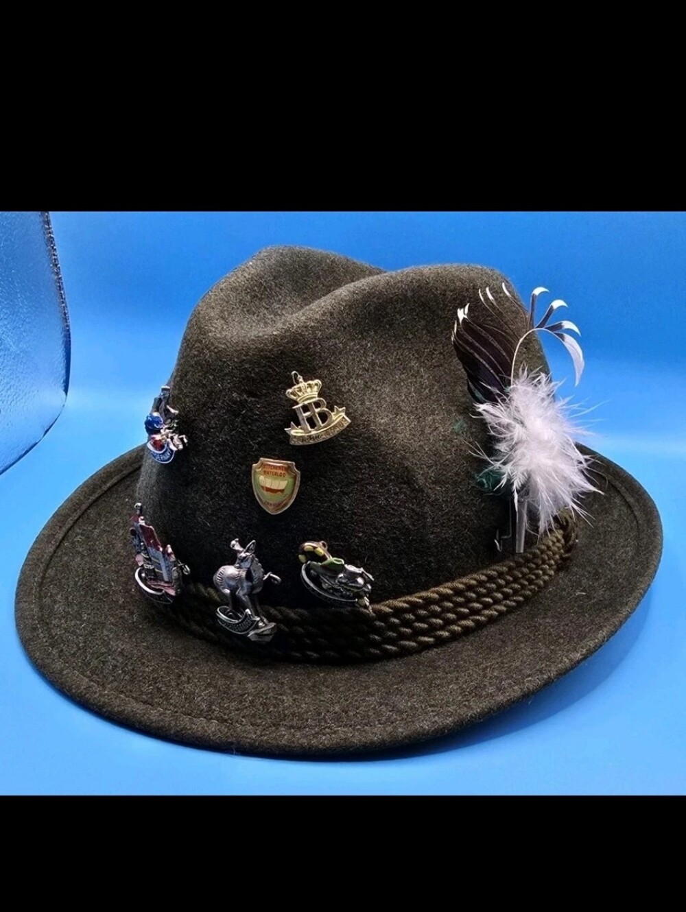 Vintage German Austrian Hunt Hiking Hat 8 PINS BADGES Oktoberfest Trachten capo
